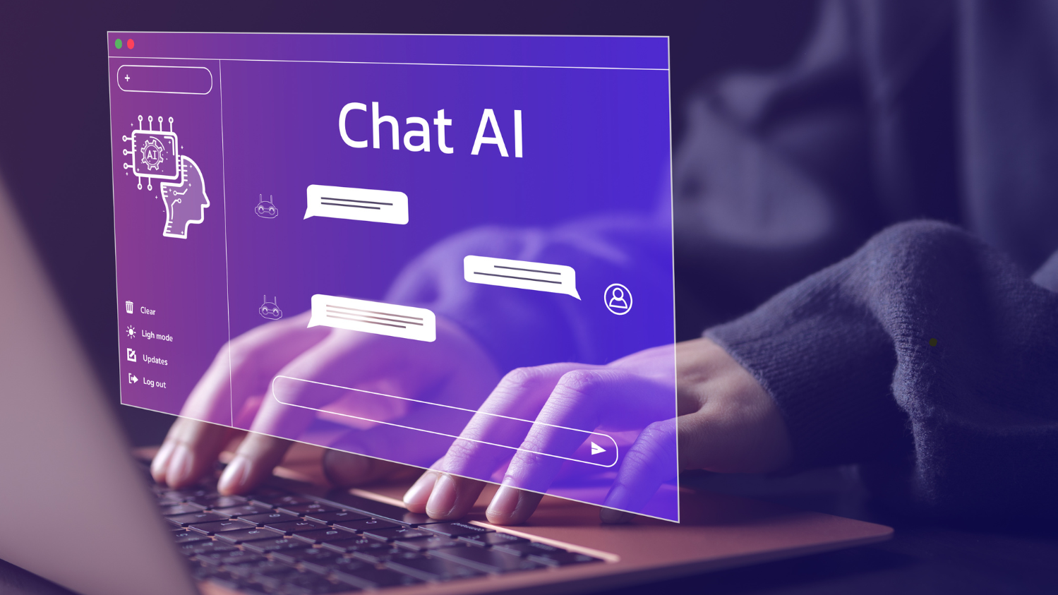 Hände die Laptop bedienen, sichtbar wird der Bildschirm mit "Chat AI"
