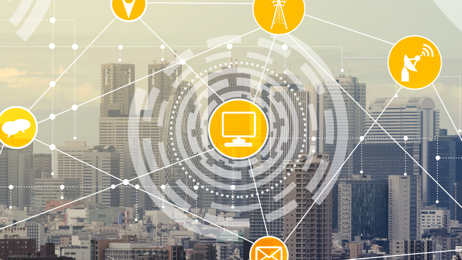 Virtuelles Darstellung eines Netzwerks vor einer Großstadt