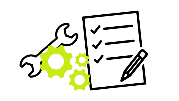 Grafik mit Schraubenschlüssel, Checkliste und Zahnrädern