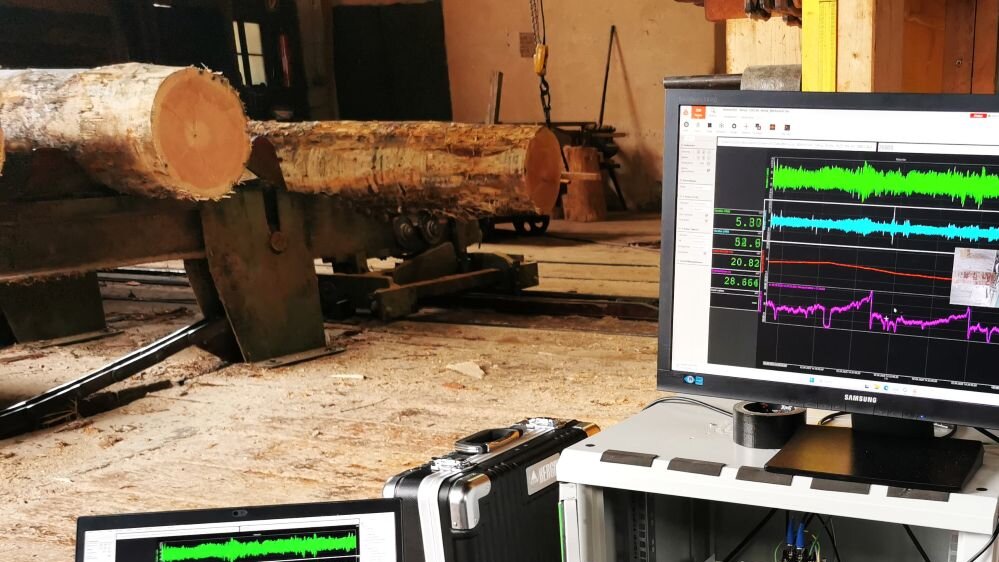 Rechner zur Datenauswertung in einem Sägewerk vor Holblöcken