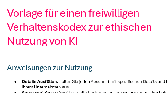Dokumentenausschnitt: Vorlage für einen freiwillen Verahltenskodex zu ethischen Nutzung von KI