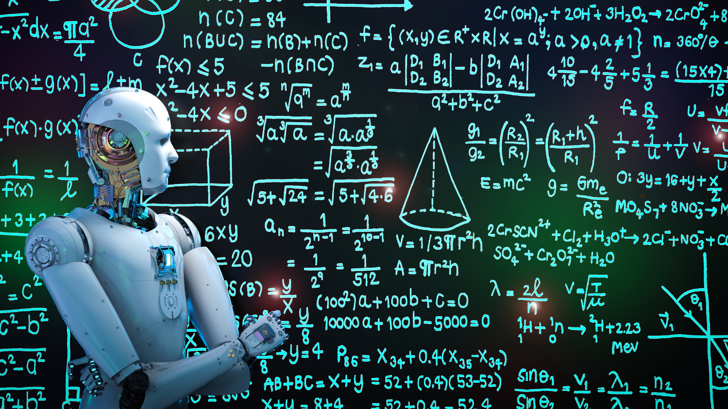Roboter vor einer vollgeschriebenen Tafel mit mathematischen Formeln