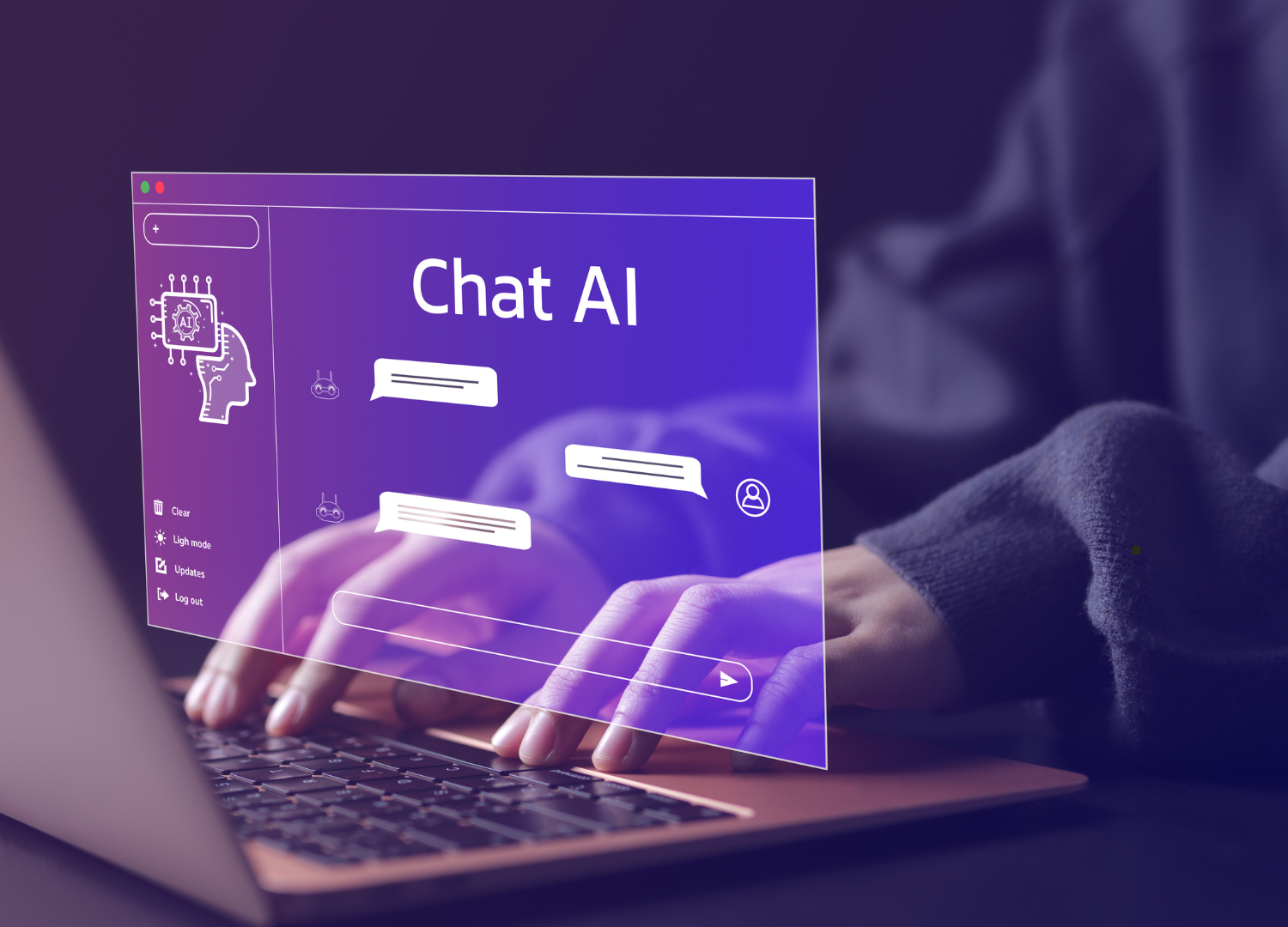 Hände die Laptop bedienen, sichtbar wird der Bildschirm mit "Chat AI"
